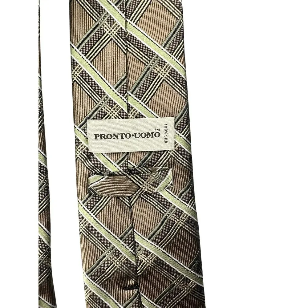 Pronto Uomo Silk Tie Brown Plaid Hand Made Necktie